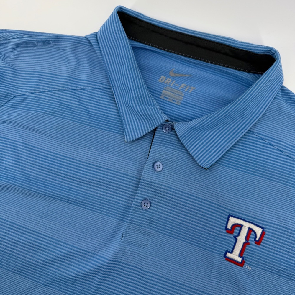 Nike Polo Shirt Mens XXL Blue Texas Rangers MLB Dri-FIT Striped Short Sleeve